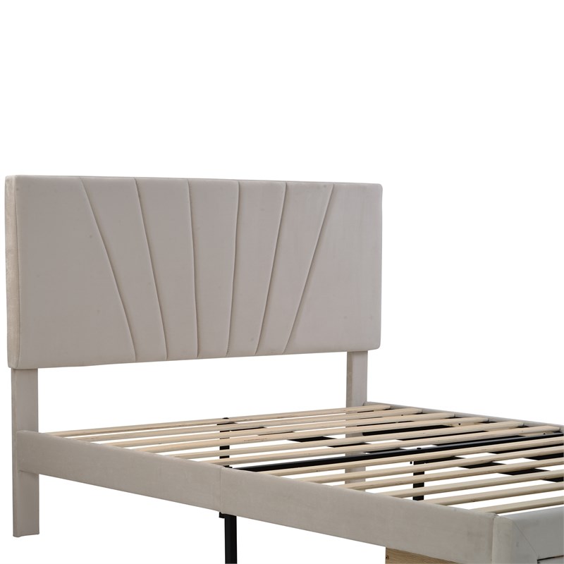 CRO Decor Queen Size Storage Velvet Platform Bed with a Big Drawer - Beige