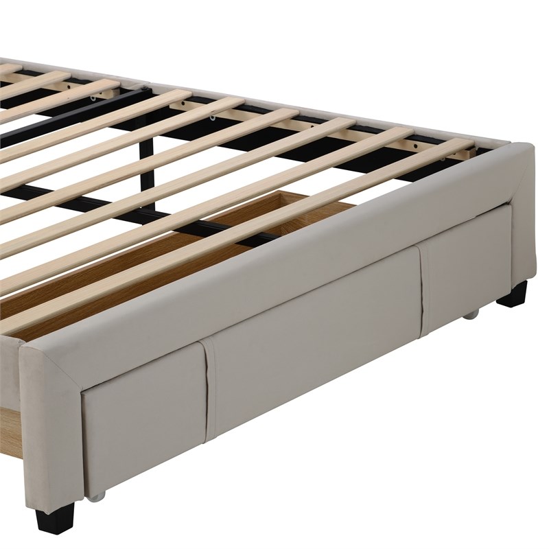 CRO Decor Queen Size Storage Velvet Platform Bed with a Big Drawer - Beige