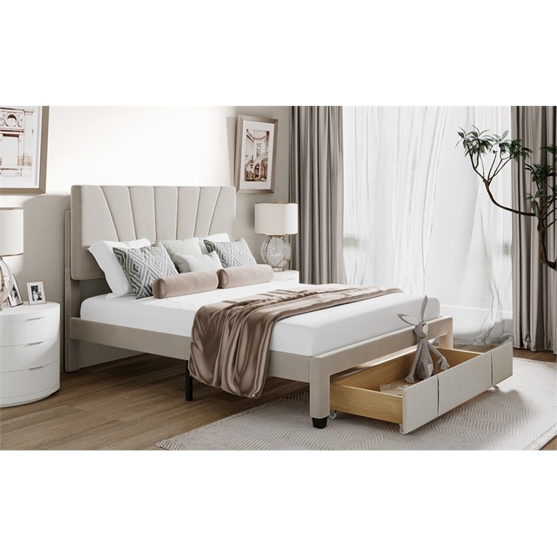 CRO Decor Queen Size Storage Velvet Platform Bed with a Big Drawer - Beige
