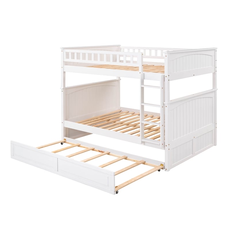 CRO Decor Full Over Full Bunk Bed with Twin Size Trundle Pine Wood (White)