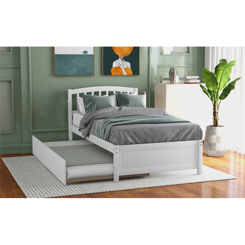 CRO Decor Twin size Platform Bed Wood Bed Frame with Trundle (White)
