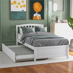 CRO Decor Twin size Platform Bed Wood Bed Frame with Trundle (White)