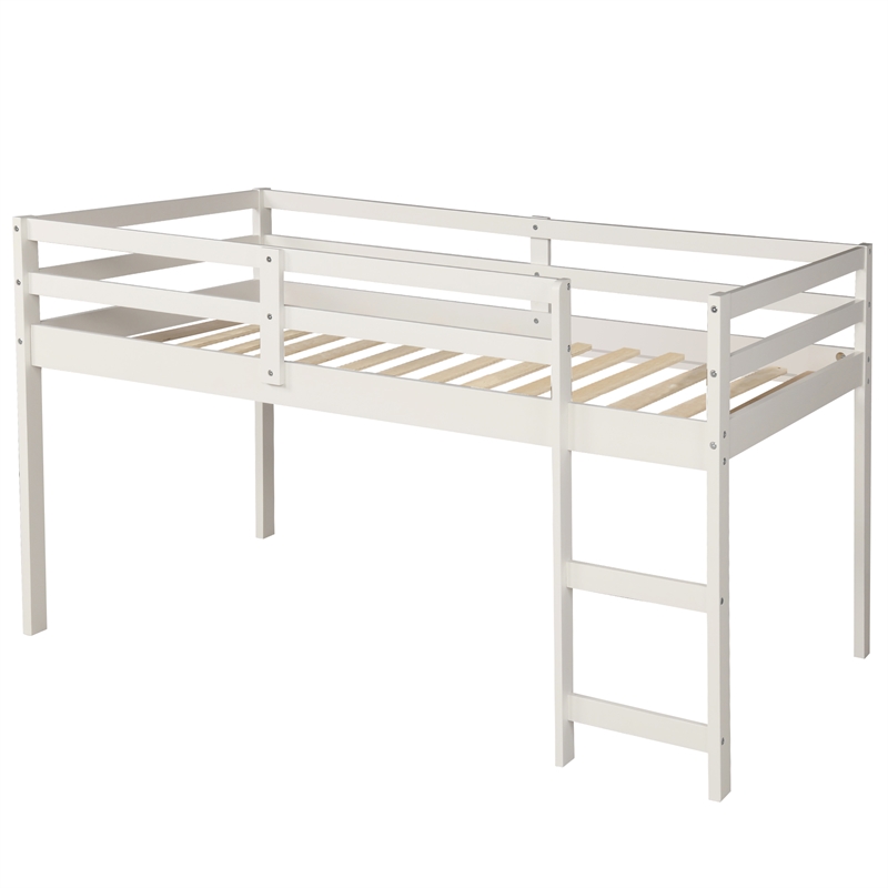 CRO Decor Low Study Twin Loft Bed with Cabinet and Rolling Portable Desk (White)