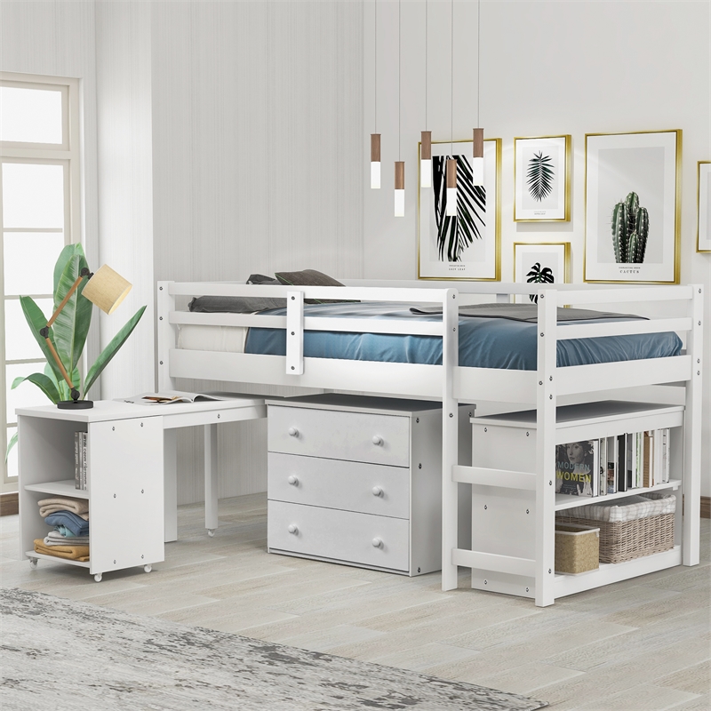 CRO Decor Low Study Twin Loft Bed with Cabinet and Rolling Portable Desk (White)