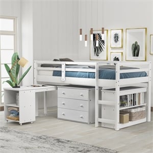 CRO Decor Low Study Twin Loft Bed with Cabinet and Rolling Portable Desk (White)
