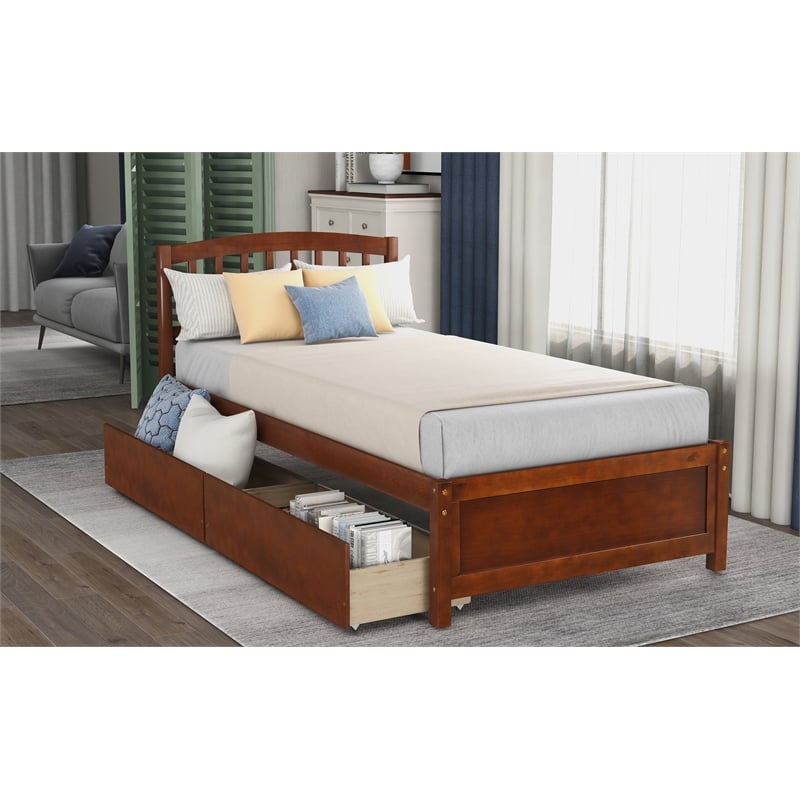 CRO Decor Twin Platform Storage Bed Wood Bed Frame with Two Drawers-Walnut