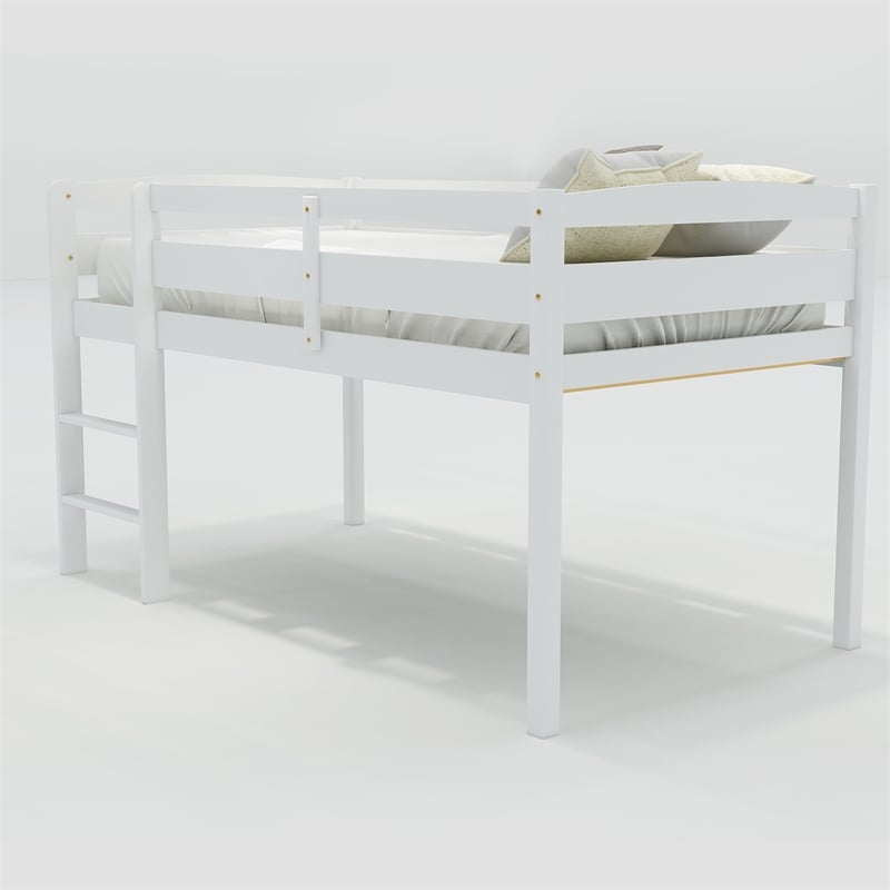 CRO Decor Twin Wood Loft Bed Low Loft Beds with Ladder Twin (White)