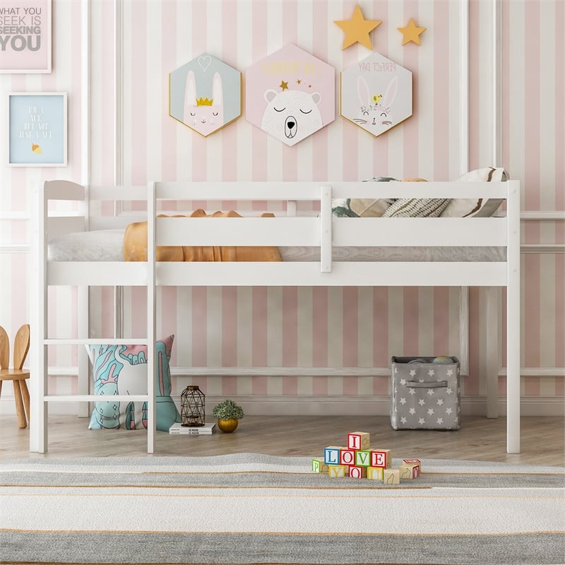 CRO Decor Twin Wood Loft Bed Low Loft Beds with Ladder Twin (White)