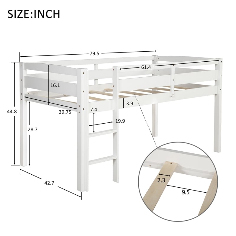 CRO Decor Twin Wood Loft Bed Low Loft Beds with Ladder Twin (White)