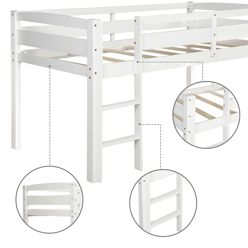 CRO Decor Twin Wood Loft Bed Low Loft Beds with Ladder Twin (White)
