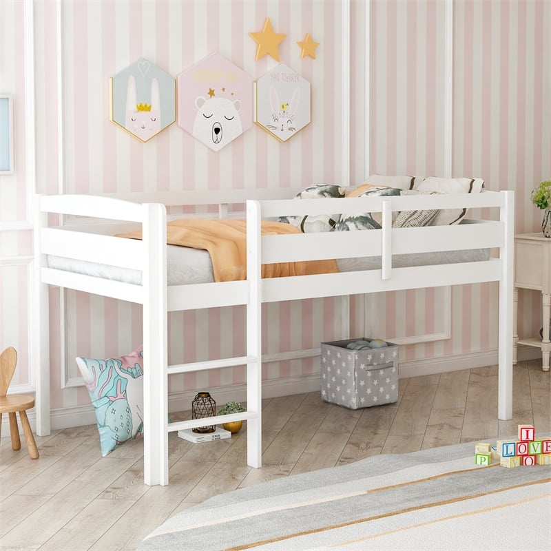 CRO Decor Twin Wood Loft Bed Low Loft Beds with Ladder Twin (White)