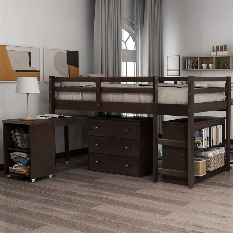 CRO Decor Low Study Twin Loft Bed with Cabinet and Rolling Portable Desk
