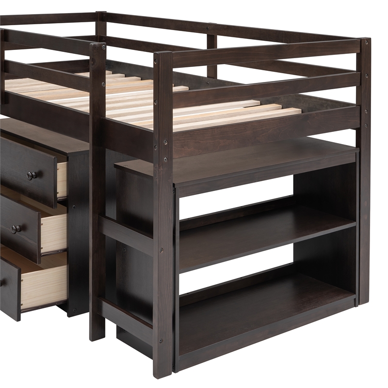 CRO Decor Low Study Twin Loft Bed with Cabinet and Rolling Portable Desk