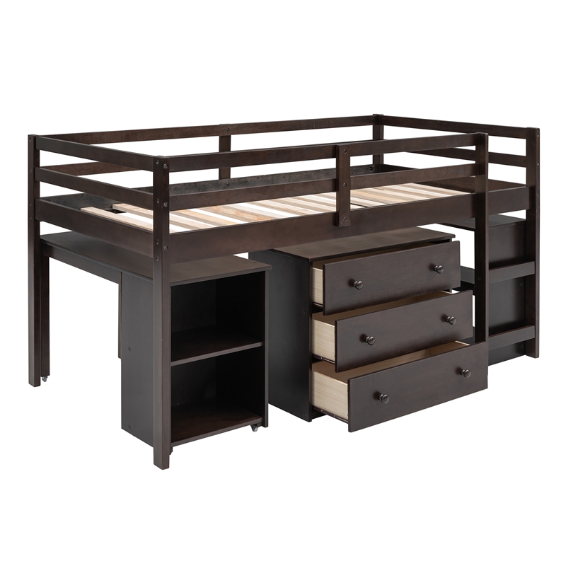 CRO Decor Low Study Twin Loft Bed with Cabinet and Rolling Portable Desk
