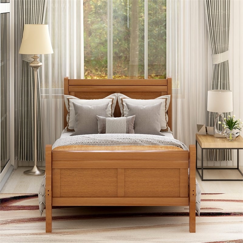 CRO Decor Wood Platform Bed Twin Bed Frame Mattress Foundation Sleigh Bed-Oak