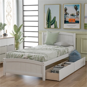 CRO Decor Wood Twin Size Platform Bed with Two Drawers (White)
