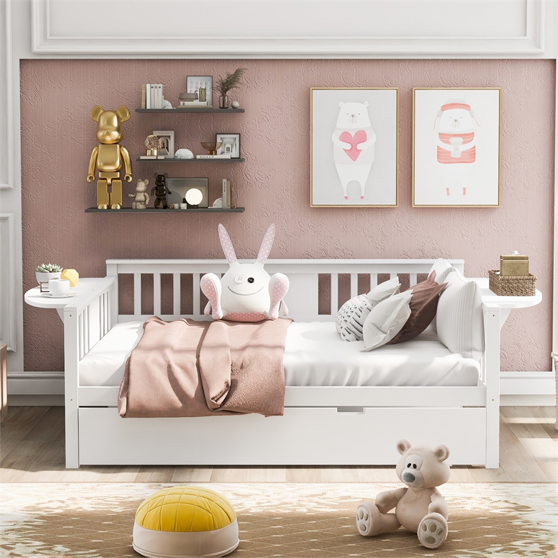 CRO Decor Full Size Daybed with Twin Size Trundle Wood Slat Support (White)