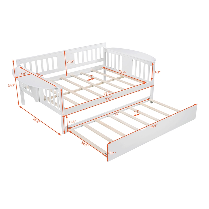 CRO Decor Full Size Daybed with Twin Size Trundle Wood Slat Support (White)
