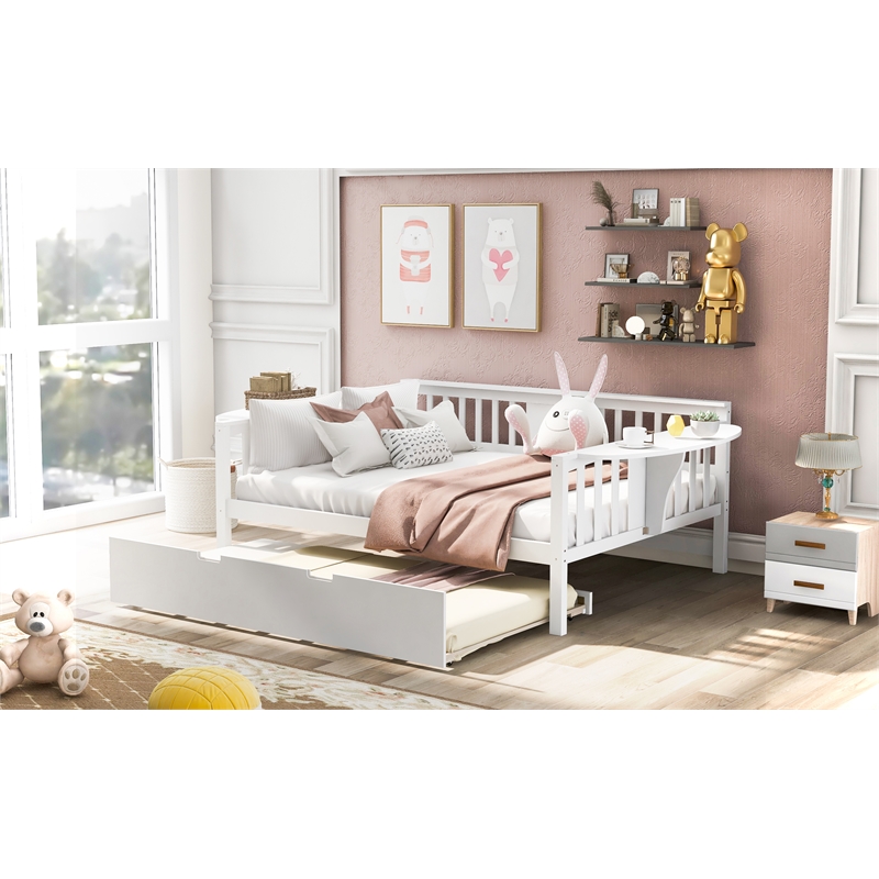 CRO Decor Full Size Daybed with Twin Size Trundle Wood Slat Support (White)