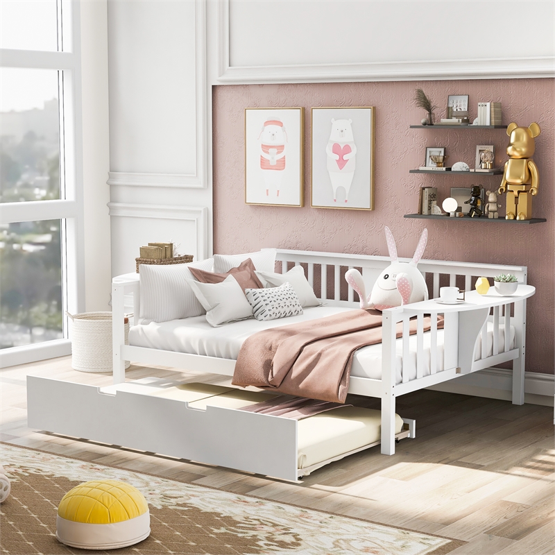 CRO Decor Full Size Daybed with Twin Size Trundle Wood Slat Support (White)