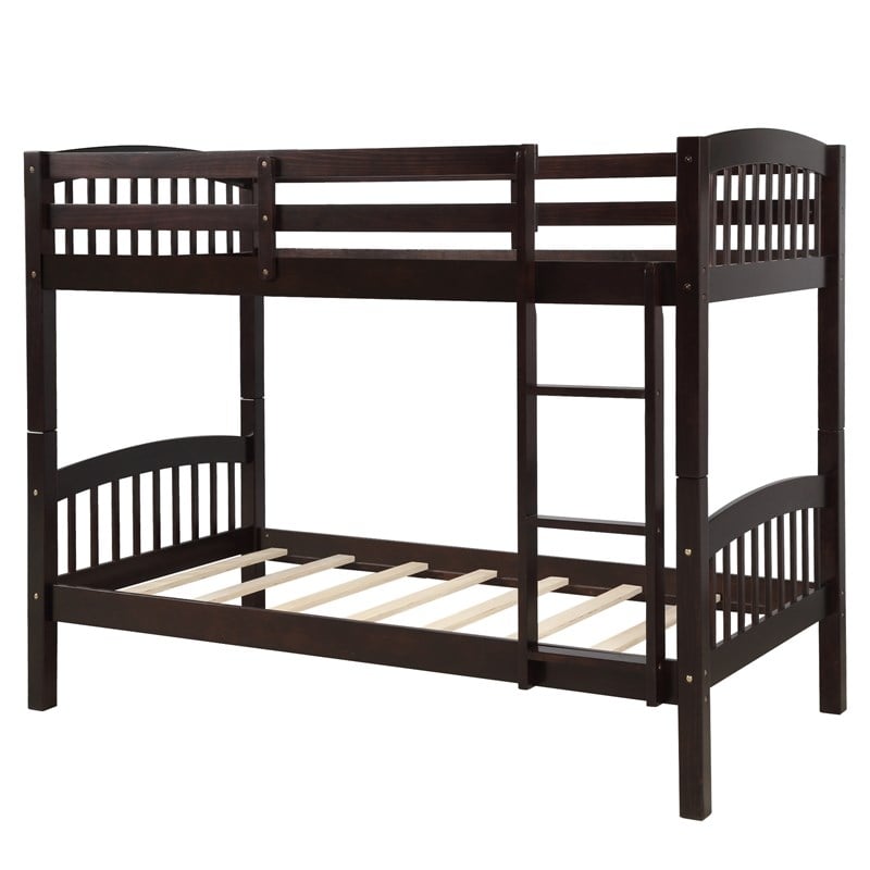 CRO Decor Wood Twin Over Twin Bunk Bed with Ladder (Espresso)