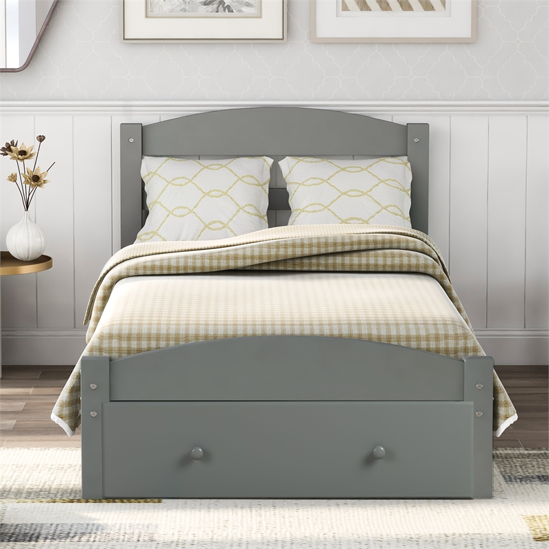CRO Decor Wood Platform Twin Bed Frame with Storage Drawer (Gray)