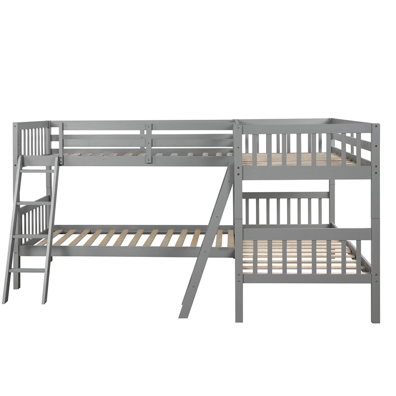 CRO Decor Wood L-Shaped Bunk Bed with Ladder Twin Size (Gray)