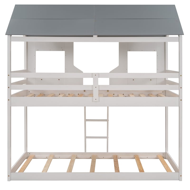 CRO Decor Twin Over Twin Bunk Bed Wood with Roof Window Guardrail Ladder (White)