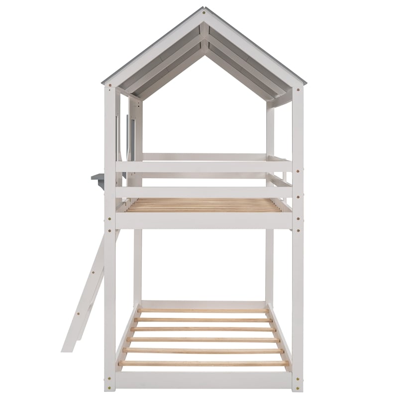 CRO Decor Twin Over Twin Bunk Bed Wood with Roof Window Guardrail Ladder (White)