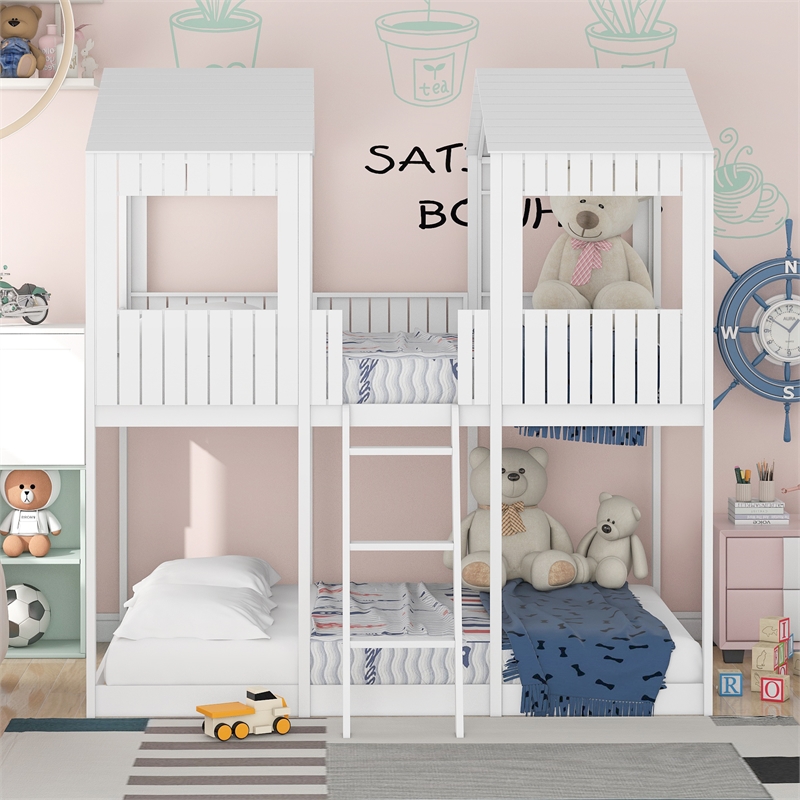 CRO Decor Full Over Full Wood Bunk Bed with Roof Window Guardrail Ladder (White)