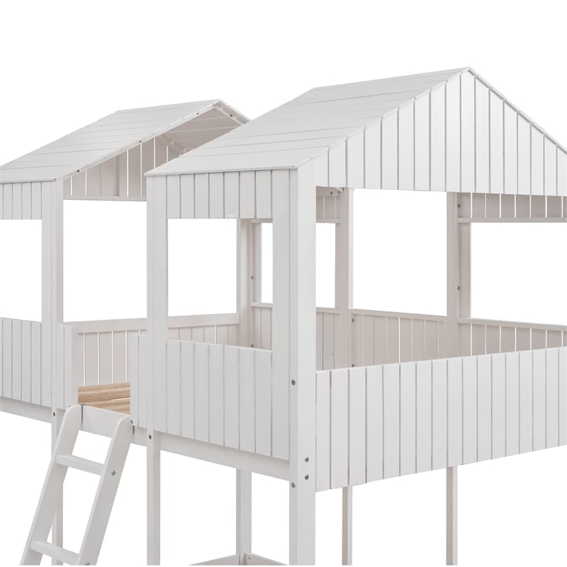 CRO Decor Full Over Full Wood Bunk Bed with Roof Window Guardrail Ladder (White)