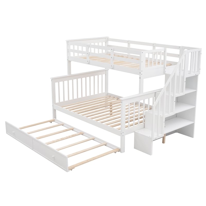 CRO Decor Stairway Twin-Over-Full Bunk Bed with Twin Trundle Storage (White)