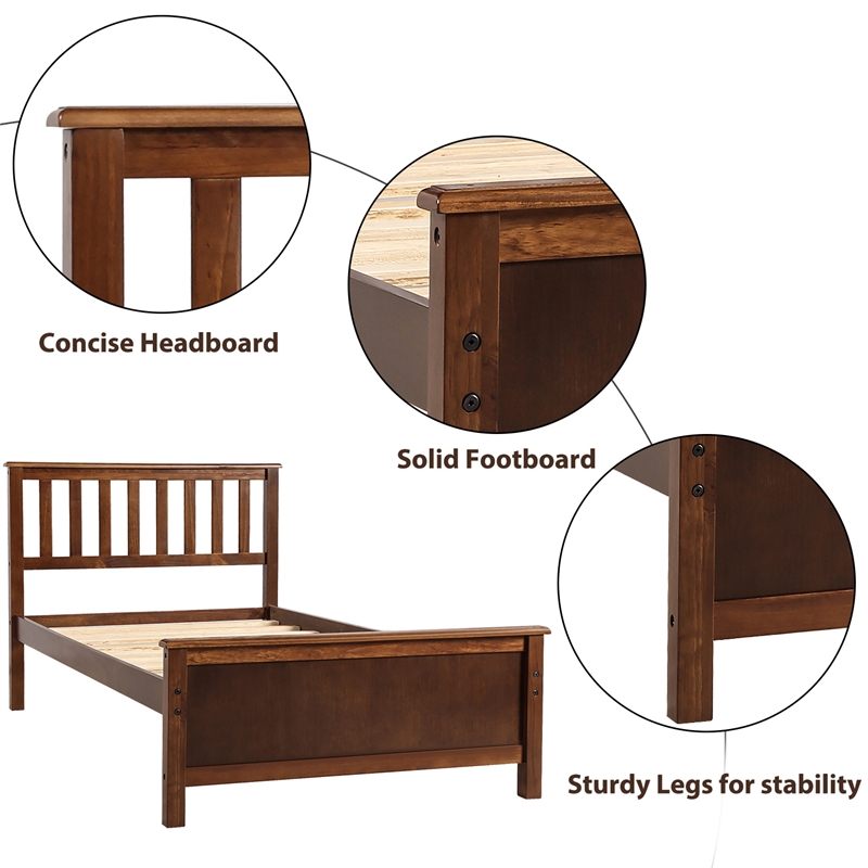CRO Decor Twin Size Wood Platform Bed with Headboard Footboard (Walnut)