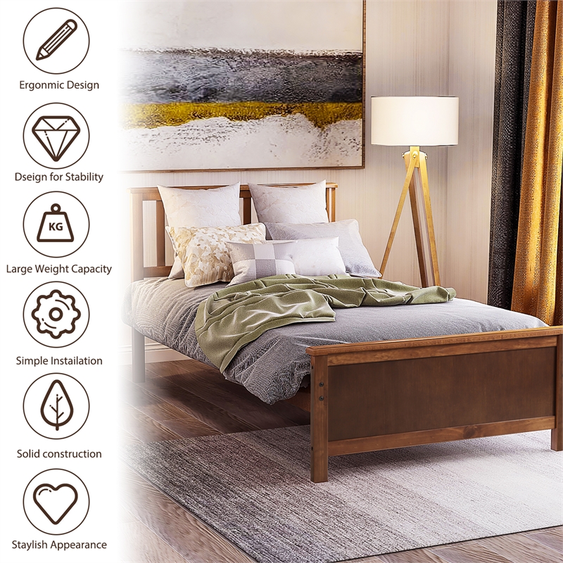 CRO Decor Twin Size Wood Platform Bed with Headboard Footboard (Walnut)