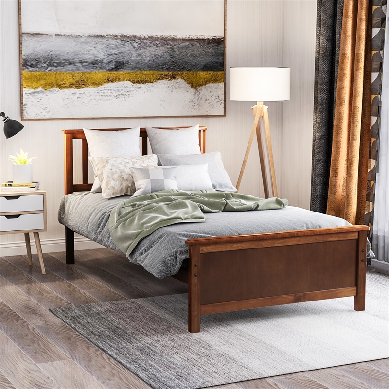 CRO Decor Twin Size Wood Platform Bed with Headboard Footboard (Walnut)