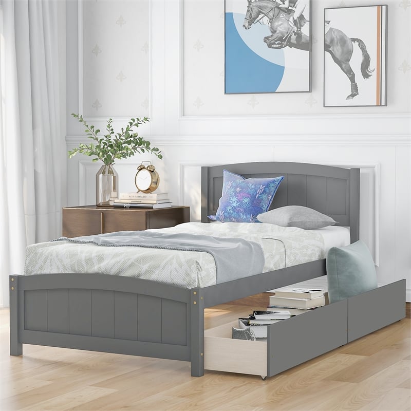 CRO Decor Twin size Platform Bed with Two Drawers (Gray)