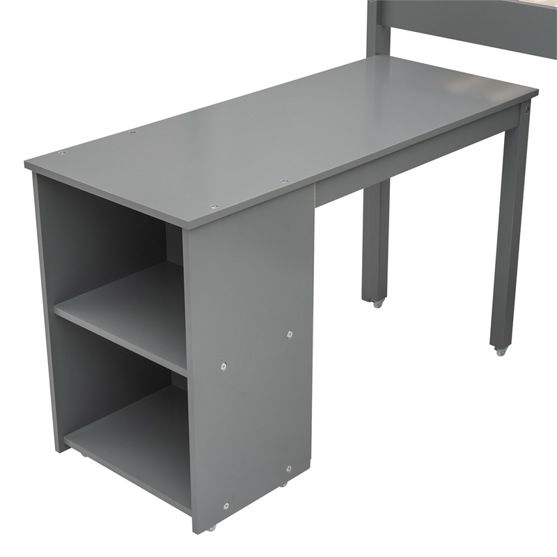 CRO Decor Low Study Twin Loft Bed with Cabinet and Rolling Portable Desk(Gray)