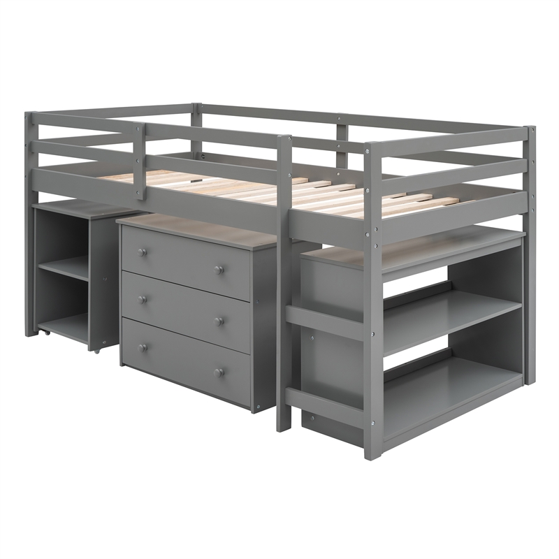 CRO Decor Low Study Twin Loft Bed with Cabinet and Rolling Portable Desk(Gray)