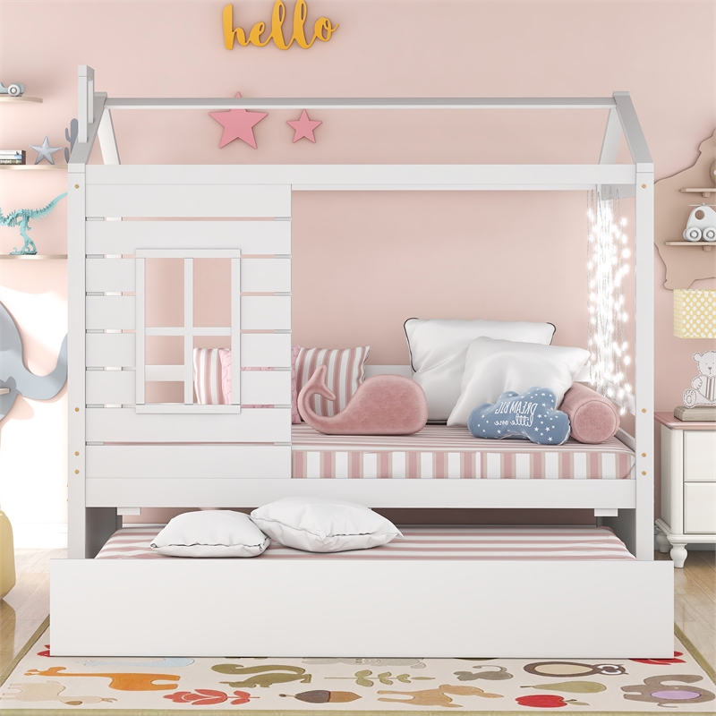 CRO Decor Twin Size House Bed Wood Bed with Twin Size Trundle ( White )