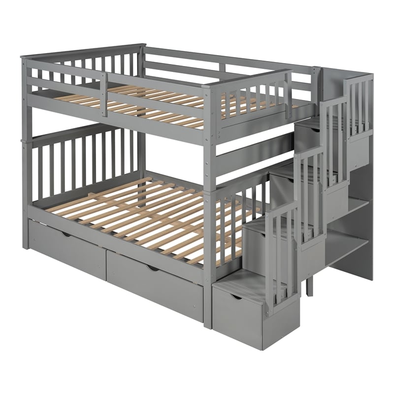 CRO Decor Full Over Full Bunk Bed with Shelves and 6 Storage Drawers (Gray)