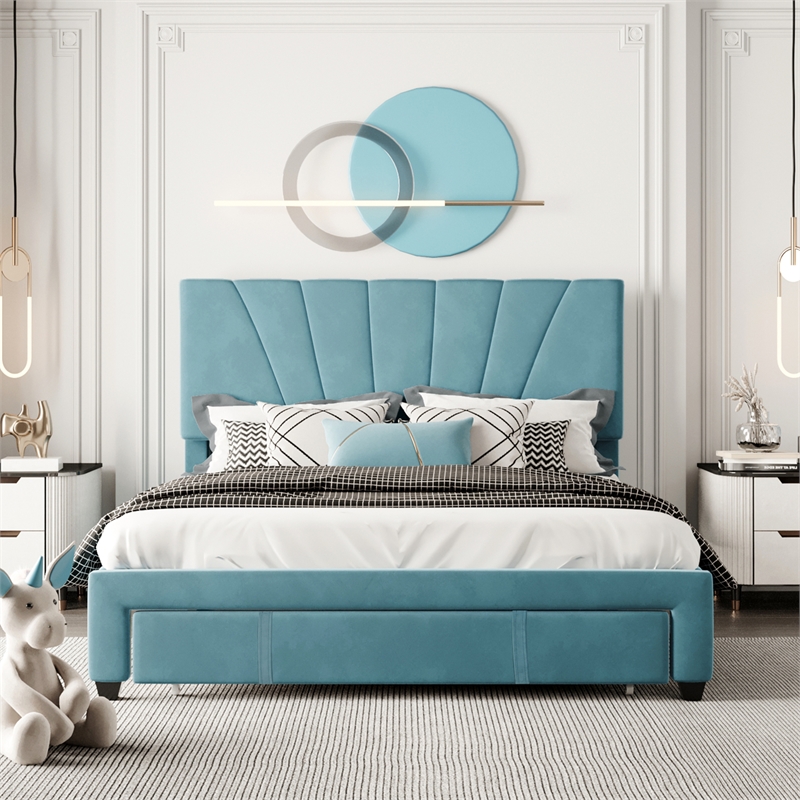 CRO Decor Queen Size Storage Bed Velvet Upholstered Platform Bed with a Drawer