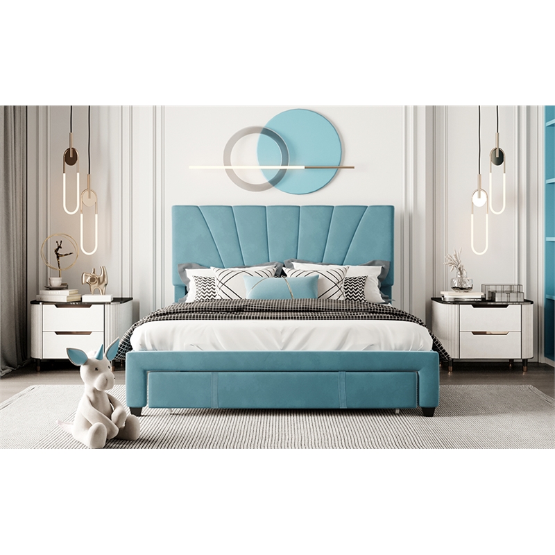 CRO Decor Queen Size Storage Bed Velvet Upholstered Platform Bed with a Drawer