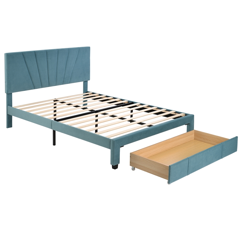 CRO Decor Queen Size Storage Bed Velvet Upholstered Platform Bed with a Drawer