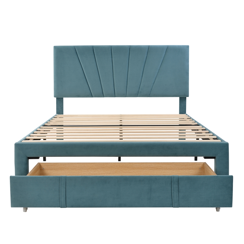 CRO Decor Queen Size Storage Bed Velvet Upholstered Platform Bed with a Drawer