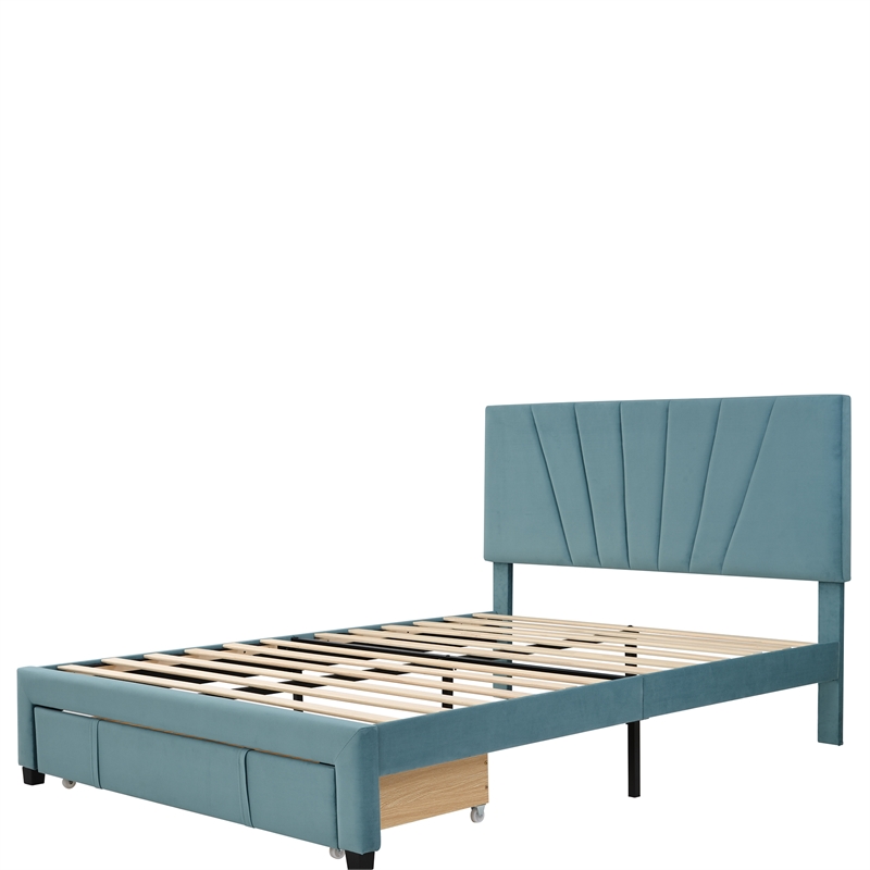 CRO Decor Queen Size Storage Bed Velvet Upholstered Platform Bed with a Drawer