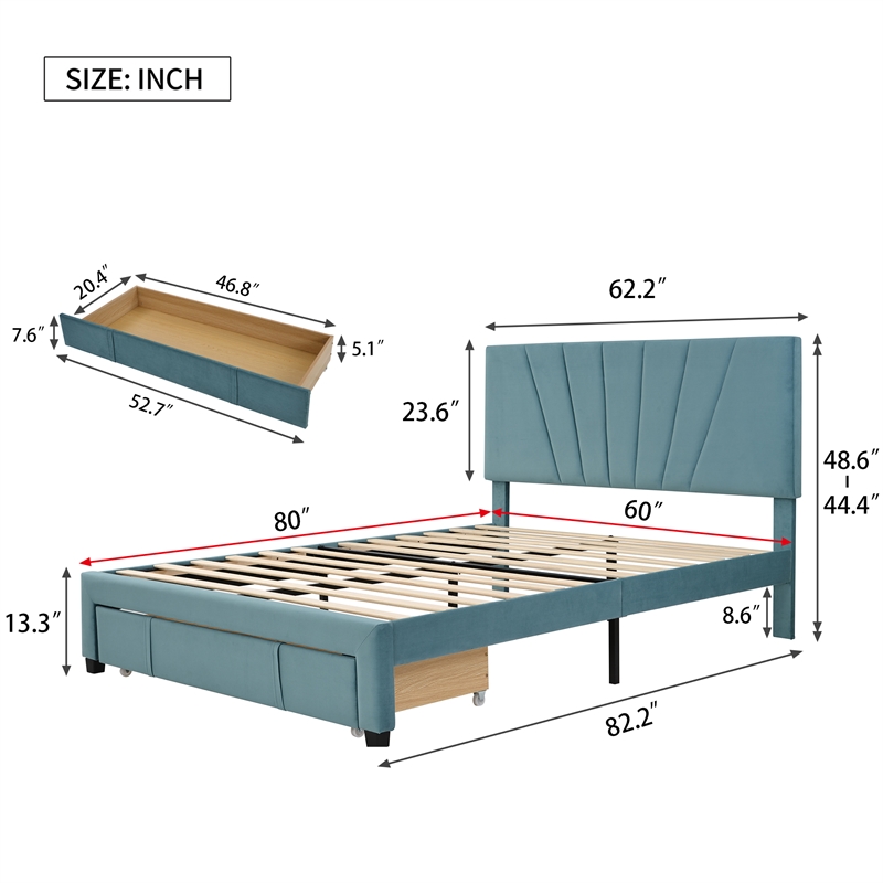 CRO Decor Queen Size Storage Bed Velvet Upholstered Platform Bed with a Drawer