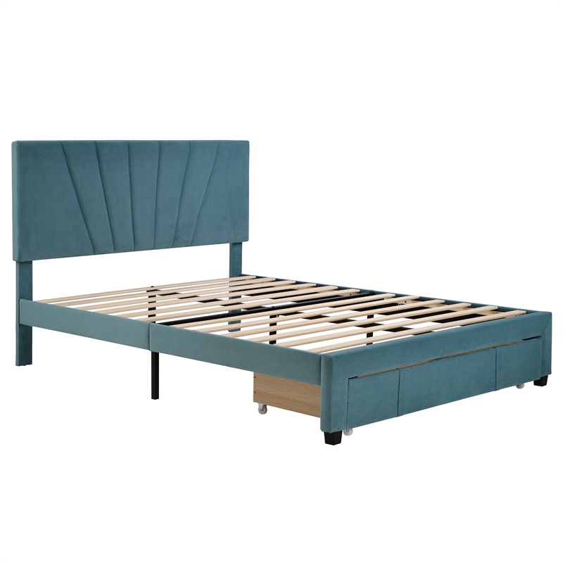 CRO Decor Queen Size Storage Bed Velvet Upholstered Platform Bed with a Drawer