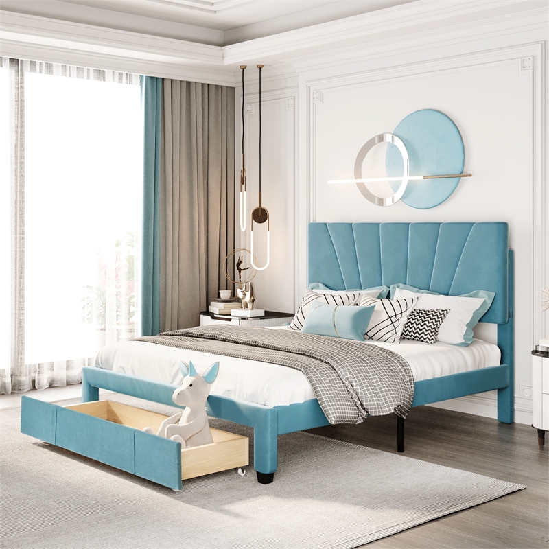 CRO Decor Queen Size Storage Bed Velvet Upholstered Platform Bed with a Drawer
