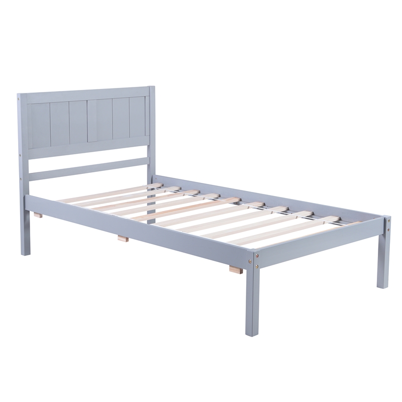 CRO Decor Wood Platform Bed Twin size Platform Bed with Headboard (Gray)