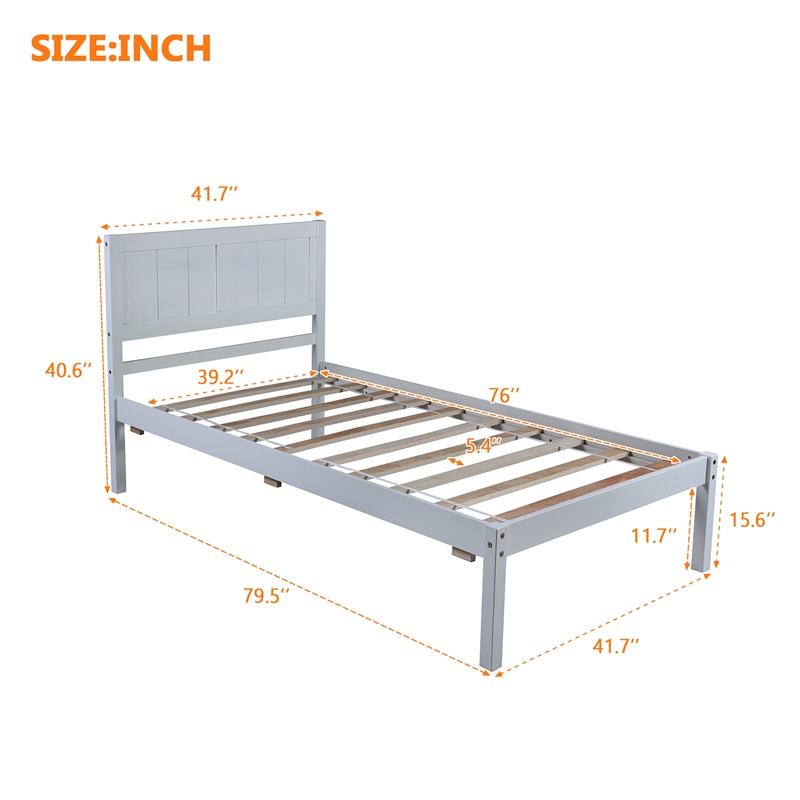 CRO Decor Wood Platform Bed Twin size Platform Bed with Headboard (Gray)